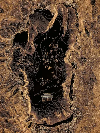 Closeup of Lake Tahoe illuminated map.