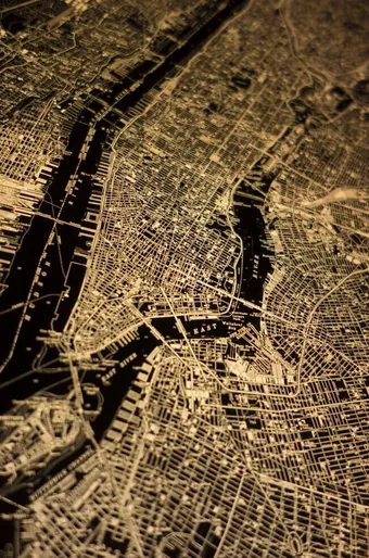 1970s-era illuminated topographic map of New York City.