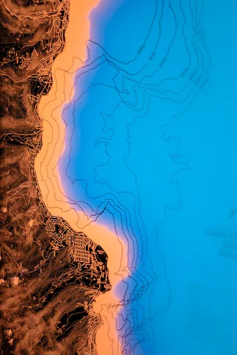 9x12x2" illuminated map of Lake Tahoe, CA.